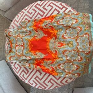 Tyler Boe Red Paisley Dress with Blue and Orange Accents